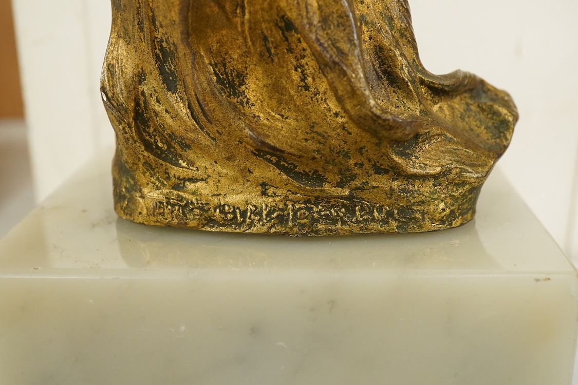 A late 19th century gilt bronze bust of a girl, indistinctly signed, raised on marble base, 16cm high